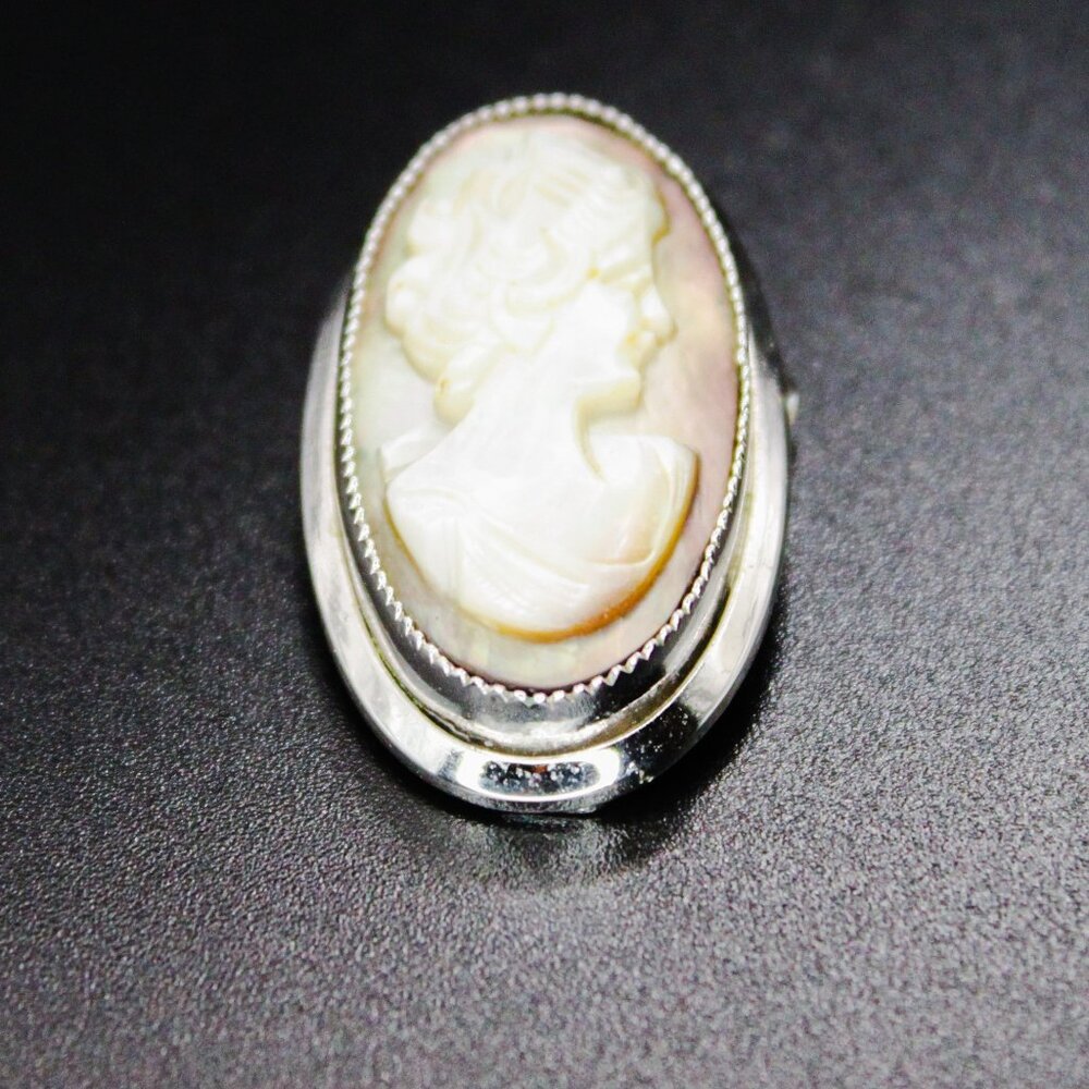 Vintage Catamore 1/20 12k White Gold Filled Carved Cameo Brooch Pin Signed